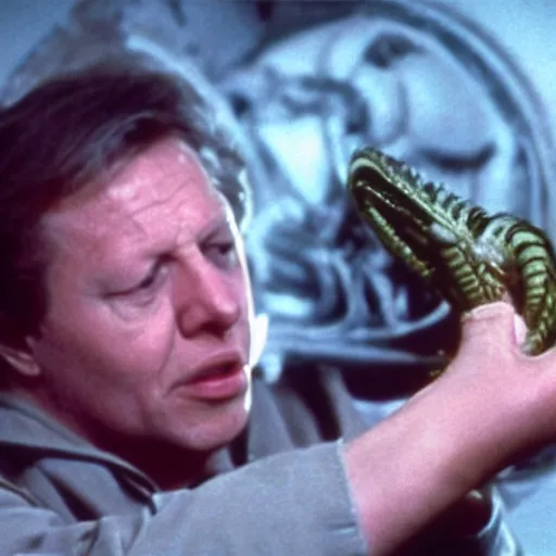 Prompt: cinematic still of sir david attenborough holding a xenomorph larva in awe in 1 9 7 9 movie alien, hd, 4 k