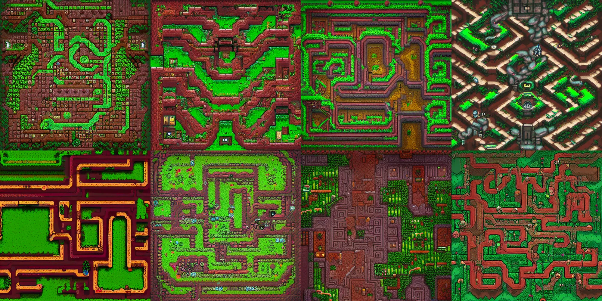 Prompt: Underground Labyrinth with Dark Alleys and Overgrown Vines, Terraria, Artstation, digital illustration, isometric