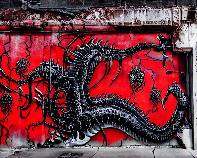 Image similar to 16k photorealistic image of a wall that has some lovecraftian graffiti on it inspired by wretched dragon rib cage. lovecraftian graffiti in red and black colors. the art is cursed and ecrusted with jewels.