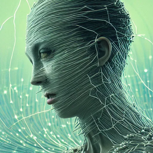 Image similar to Woman, spiky ice crystals on skin, 150mm, shiny, flat background, glowing, wires everywhere, by Edgar Maxence and Ross Tran, Zdzisław Beksiński, and Michael Whelan, distant, gustav dore, H.R. Giger, 8k, octane render