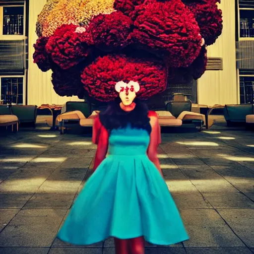Prompt: giant flower head, frontal, girl standing in mid century hotel, surreal, symmetry, bright colors, cinematic, wes anderson