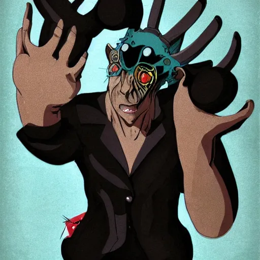 Prompt: portrait of mutant with horn in form of hand, anime, transplanted hand to head, surgery, like bebop, bump in form of hand