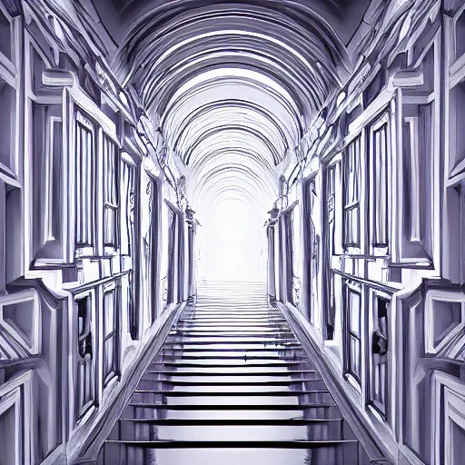 Image similar to a flood of slime in a bright white hallway with many doors and many stairs, Mc Escher architecture, epic composition, cgsociety, hyperdetailed, 8k