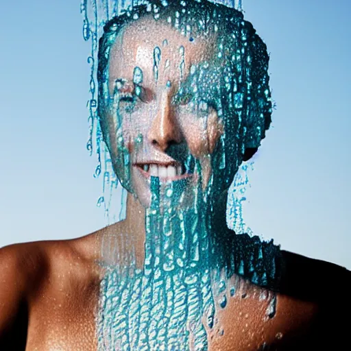 Image similar to photo of a woman made entirely of water reading the wikipedia article for water on her phone