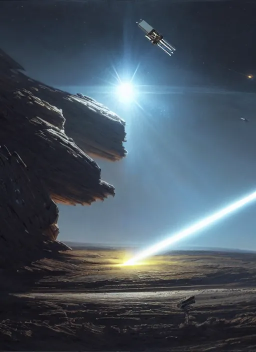 Image similar to hyper realistic sci - fi matte concept art painting of a space satellite shooting a laser down to earth below, beautiful details, strong composition painted by kim jung guweta studio rutkowski, james gurney and greg rutkowski, and lucasfilm, smooth, intricate, detailed, sharp focus, cinematic