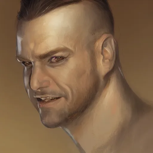 Image similar to a head - on detailed oil portrait of a handsome round - faced bald man with a friendly smile, by charlie bowater, lise deharme, wlop, trending on artstation, dungeon and dragons art, critical role