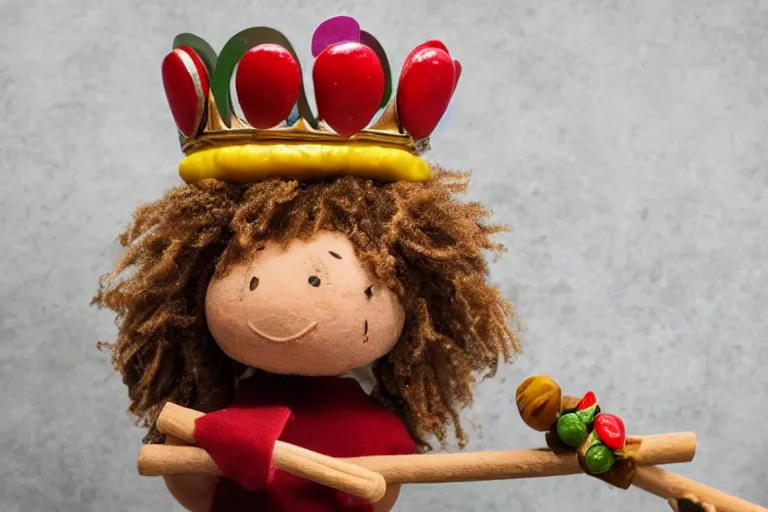 Image similar to legume bean holding a staff, wearing crown, cartoon character,
