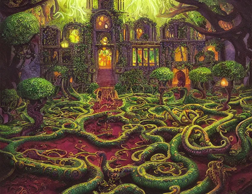 Prompt: lovecraftian eldritch persian palace garden. this oil painting by the beloved children's book illustrator has dramatic lighting, an interesting color scheme and great sense of depth.
