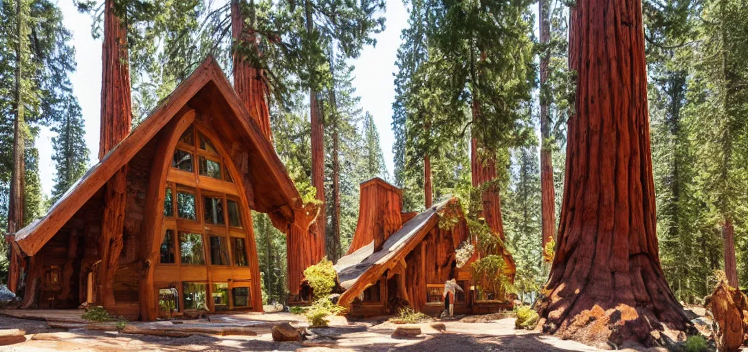 Prompt: house built into a giant sequoia