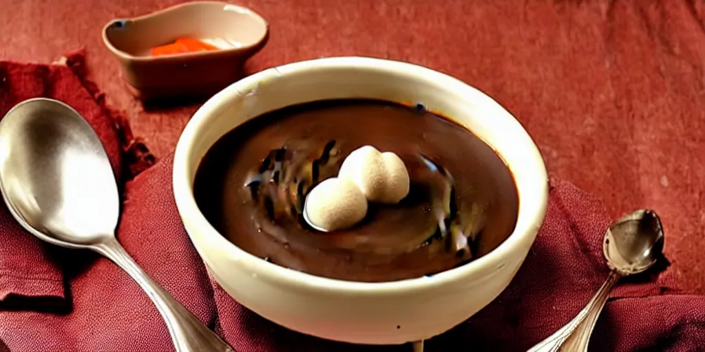 Prompt: a soup made of chocolate for treating chickenpox