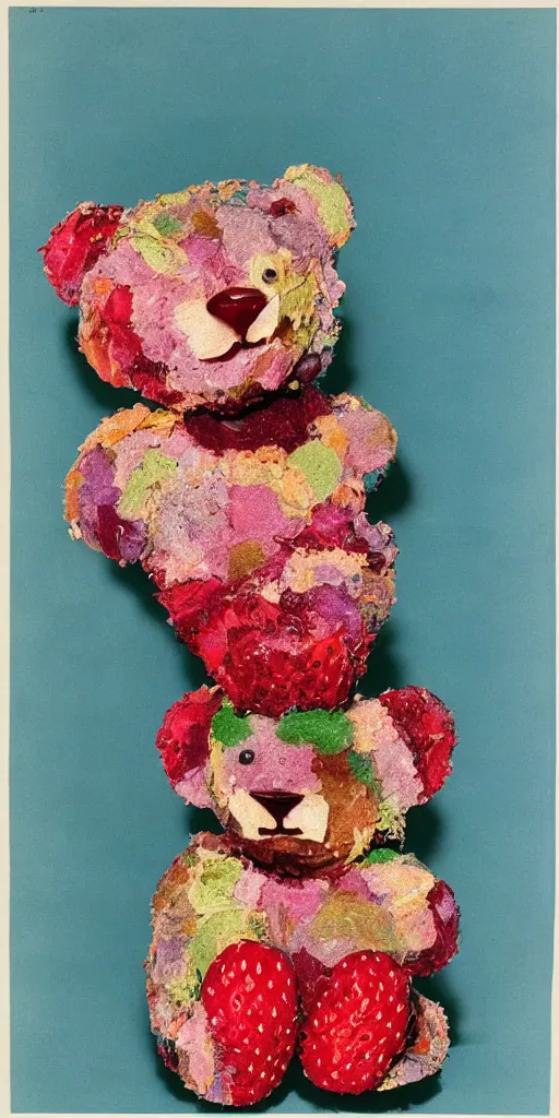 Image similar to a teddy bear made of strawberries eileen agar