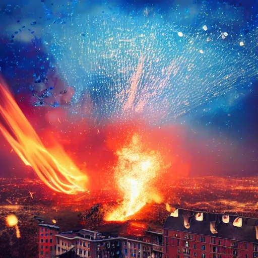 Prompt: A realistic photo of a huge explosion in the city, light particles, fire, fire particles