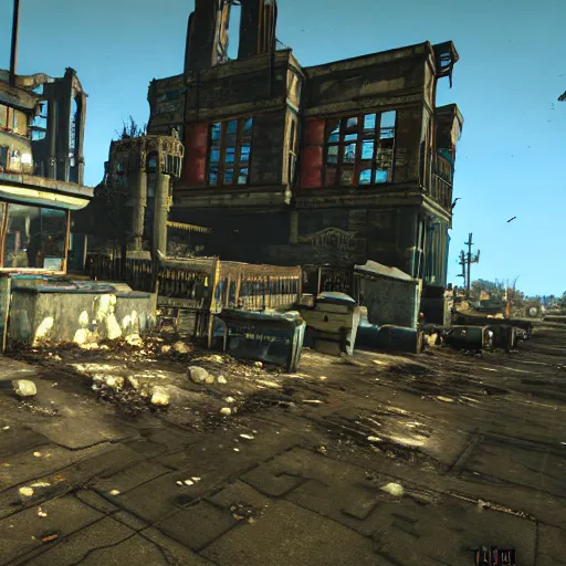 Image similar to Edinburgh in ruins post nuclear war, Fallout 4, in game screenshot