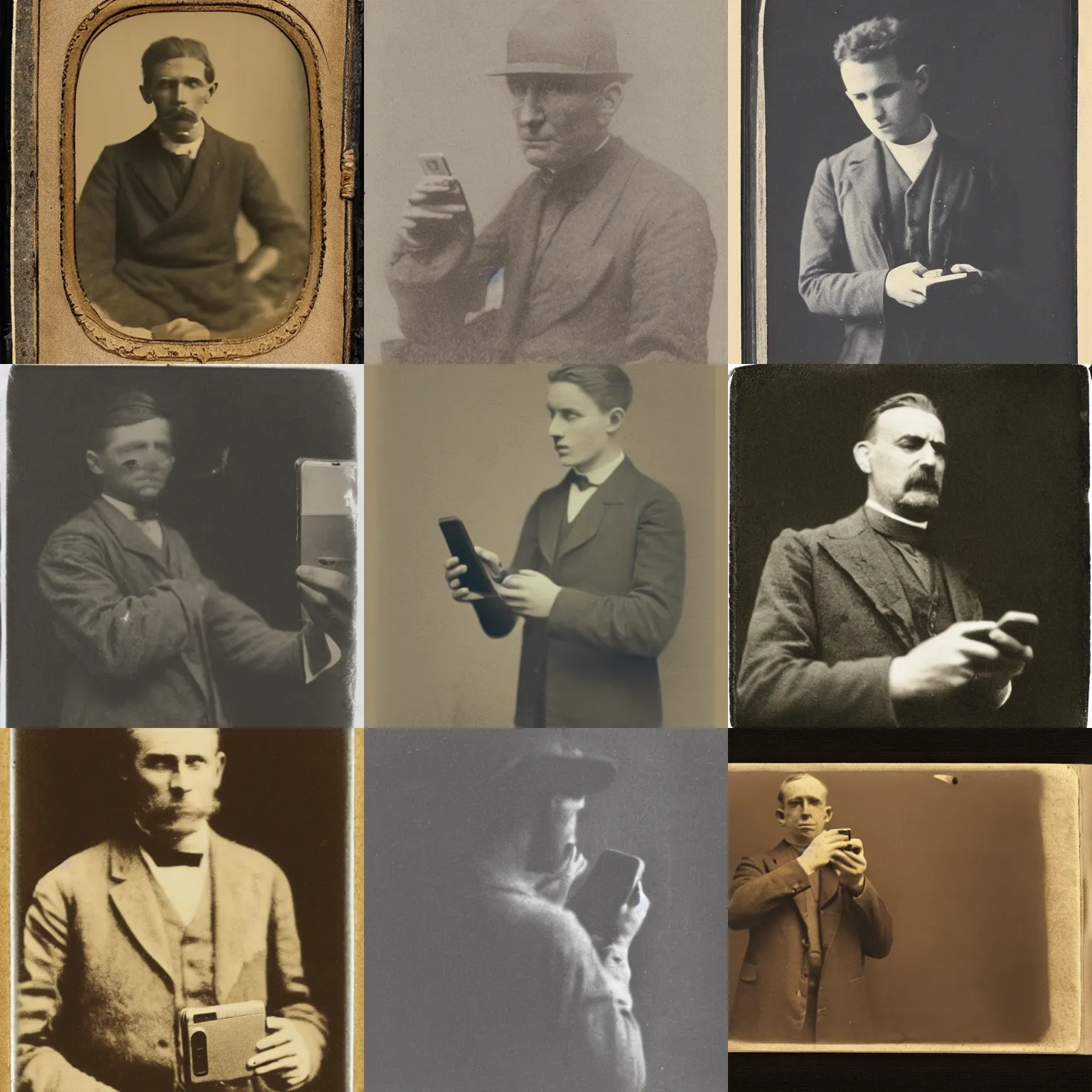 Prompt: man holding a smartphone to the camera, old sepia photography, aged, 1 9 0 1