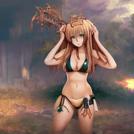 Prompt: pretty anime girl in bikini in sad byzantine mask, concept art, grim dark fantasy stand infront of poor christian farmer.