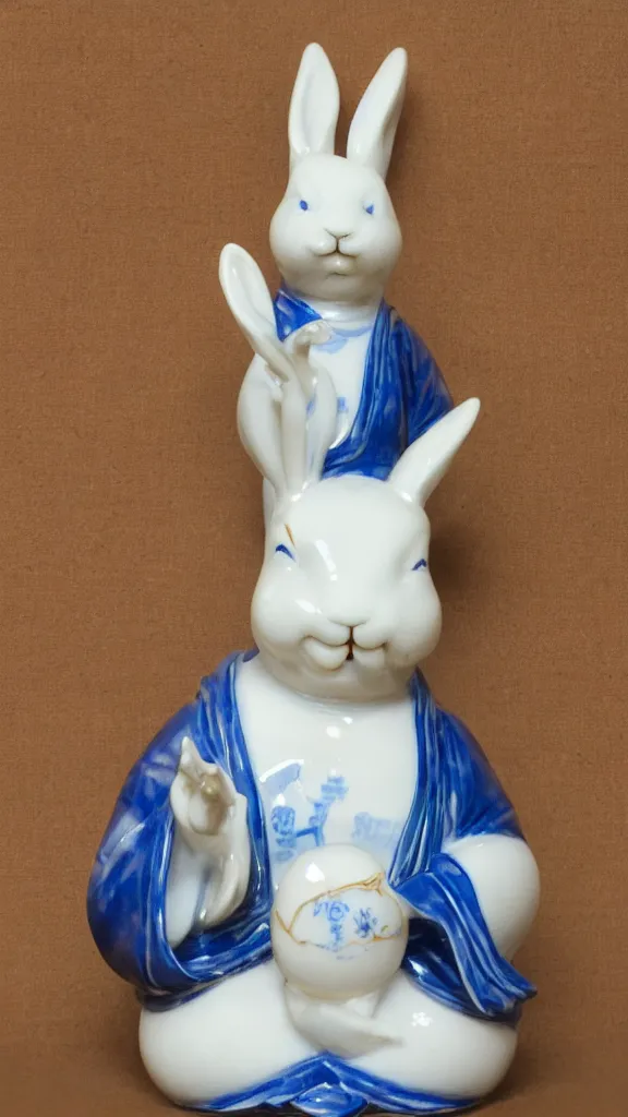 Prompt: porcelain rabbit head budda statue with blue arabesque details with a japanese kiseru in hand painted by john singer sargent