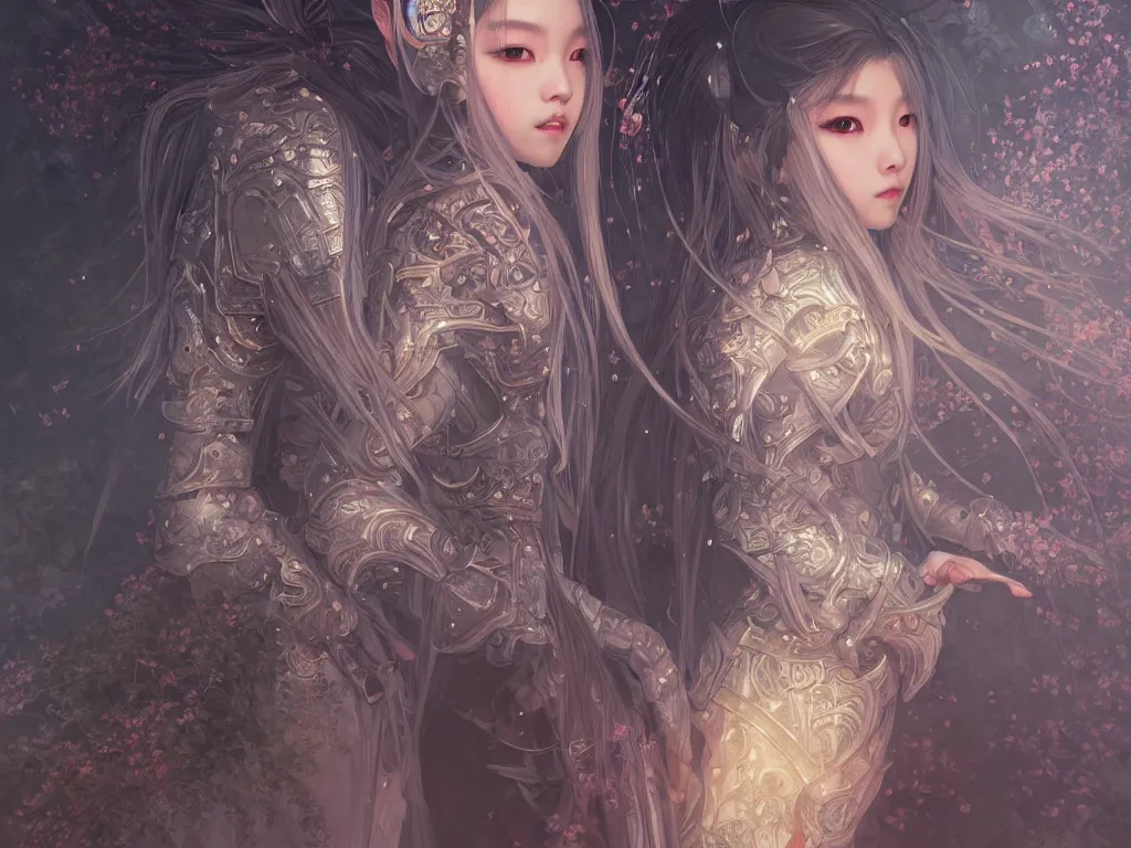 Image similar to portrait jisoo blackpink, grey hair armored samurai clothes, in fire japanese temple wet night, ssci - fi and fantasy, intricate and very very beautiful and elegant, highly detailed, digital painting, artstation, concept art, smooth and sharp focus, illustration, art by tian zi and wlop and alphonse mucha