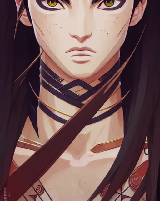 Image similar to azctec warrior, megan fox, finely detailed perfect face, exquisite details, fire magic, mid view, design on a white background, by studio muti, greg rutkowski makoto shinkai takashi takeuchi studio ghibli