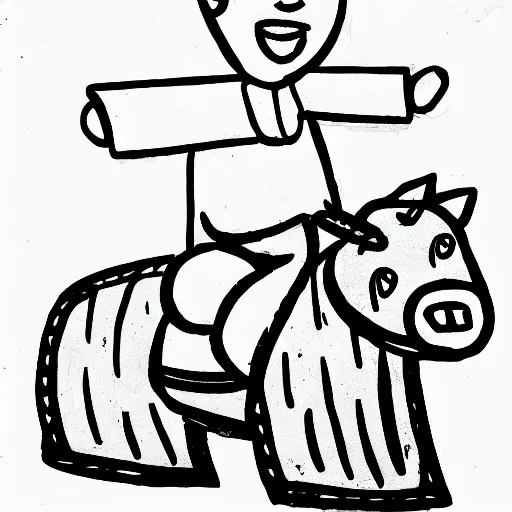 Prompt: small young boy riding large fat pig, black and white, comic book, picasso, line art