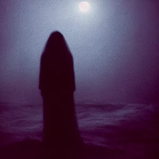 Prompt: film still of ominous ethereal female figure waiting amidst the depths of a dark ocean on a moonlit night, cinematography by Vadim Yusov