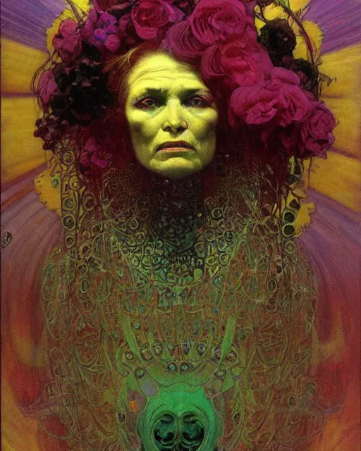 Prompt: flowerpunk portrait of a fierce old matriarch by paul lehr, beksinski, alphonse mucha