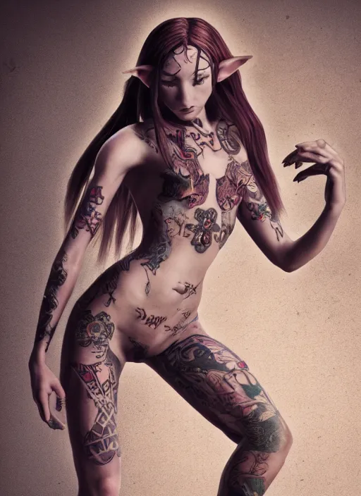 Image similar to photo of a girl elf with mystical tatoos, full body, insanely detailed, unreal render, warm light, barefoot