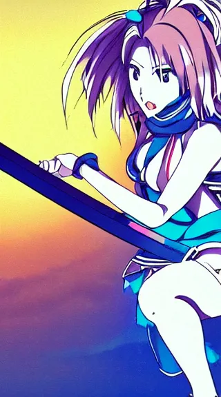 Image similar to Anime Screenshot of a Baiken unsheathing her sword at night, strong blue rimlit, visual-key, anime illustration in the style of Gainax