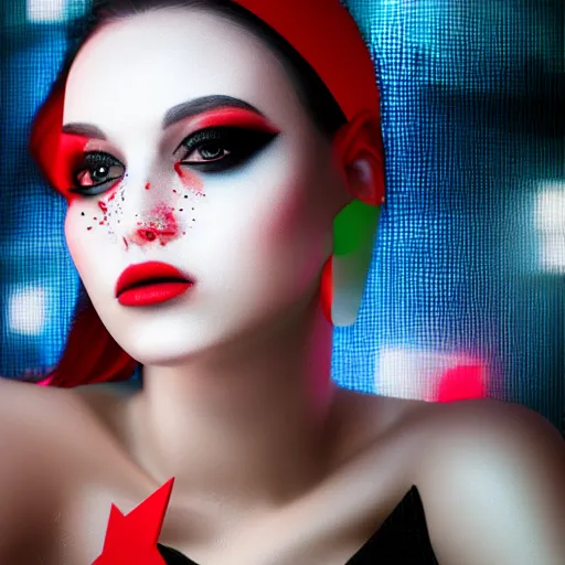 Image similar to A close-up of a beautiful girl with a surreal makeup reminding the swiss flag, octane render, bokeh, cyberpunk vibes, neons on the background