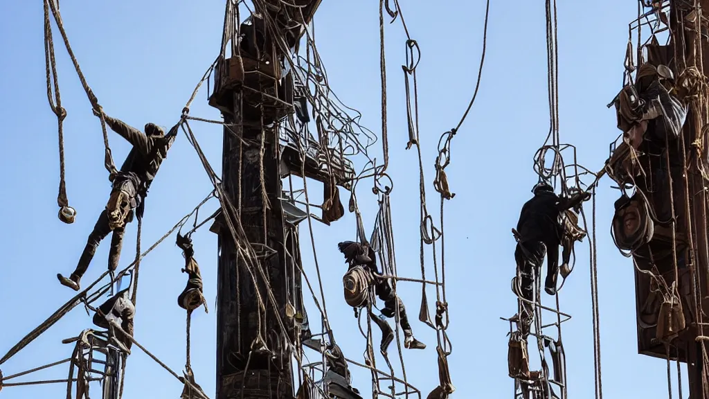 Image similar to hooded thieves use ropes to climb tall metal towers in a steampunk city