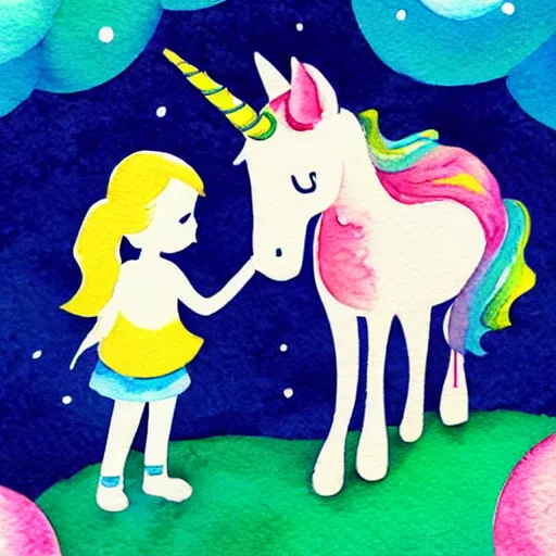 Image similar to girl and unicorn, illustration, cute watercolor children book colorful