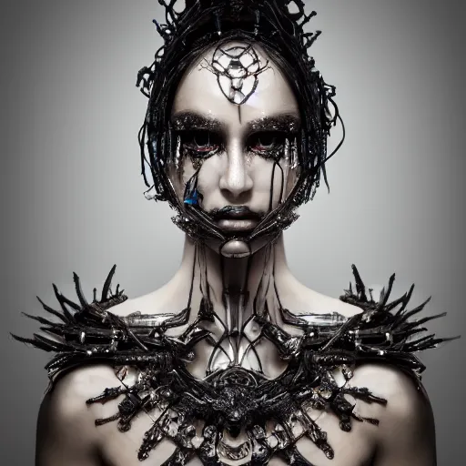 Image similar to a female model by stefan geselle and nekro borja, photorealistic, biomechanical, crystals, intricate details, hyper realistic, ornate headpiece, dark beauty, photorealistic, canon r 3, photography, wide shot, photography, dark beauty, symmetrical features