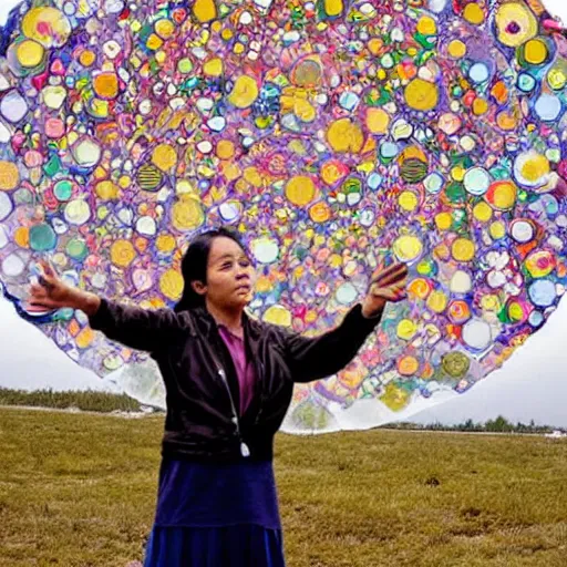 Image similar to A land art. A rip in spacetime. Did this device in her hand open a portal to another dimension or reality?! by Jacob Hashimoto somber