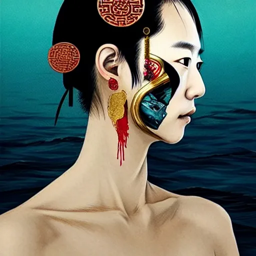 Image similar to portrait and side profile of a chinese woman :: side profile :: in ocean :: clockwork details :: gold :: blood and horror :: by vikings and Sandra Chevrier