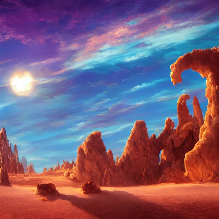 Image similar to desert made from icecream and candies, caramel colorful sun, luminescent sky, handsome, intricate, detailed, volumetric lighting, scenery, digital painting, highly detailed, artstation, sharp focus, illustration, 8 k, hyper realistic, magic world, cartoon