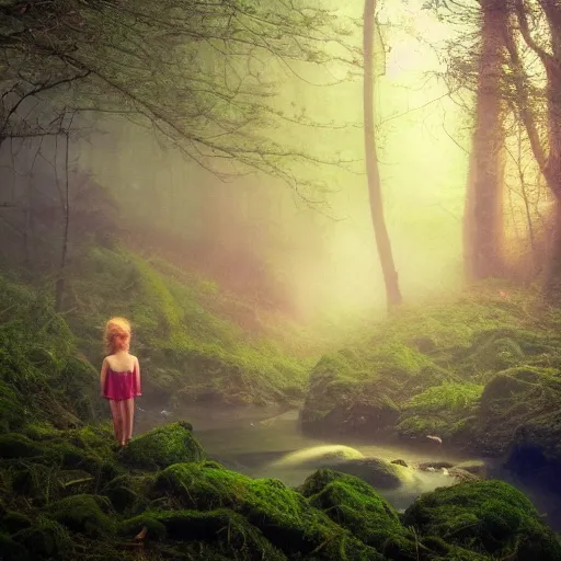 Image similar to forest child and fairy, light, river, magical forest, fog, moss