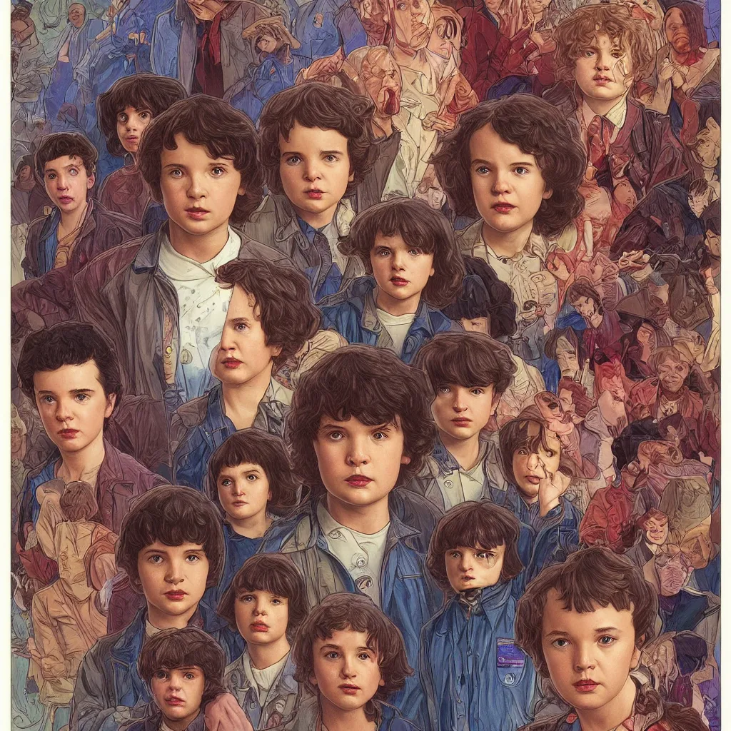 Image similar to Stranger things season 5, highly detailed, digital painting, artstation, concept art, smooth, sharp focus, illustration, ArtStation, art by artgerm and greg rutkowski and alphonse mucha and J. C. Leyendecker and Edmund Blair Leighton and Katsuhiro Otomo and Geof Darrow and Phil hale and Ashley wood and Ilya repin and Charlie Bowater