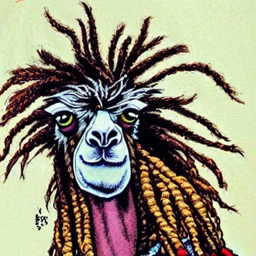 Prompt: llama with dreadlocks, heroic pose, by Katsuhiro Otomo, detailed, with beautiful colors