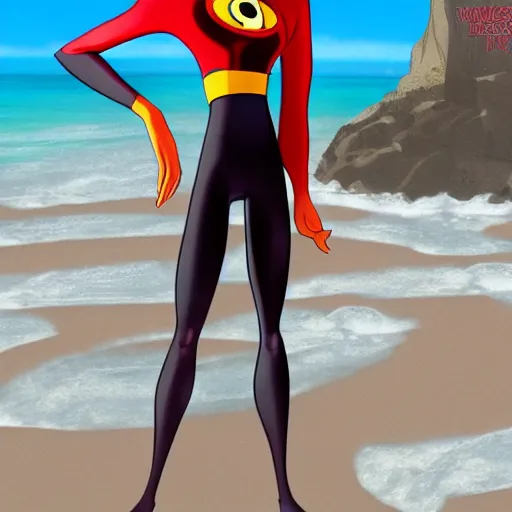 Image similar to realistic photo of Violet Parr from The Incredibles in a two-piece dress at the beach