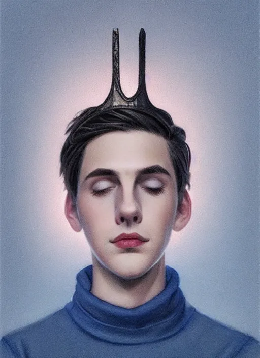 Image similar to portrait of teenage jughead jones wearing a light grey crown, crown, blue turtleneck, 1 9 5 0 s, closed eyes, photorealistic, black hair, glowing lighting, intricate, elegant, glowing lights, highly detailed, digital painting, artstation, concept art, smooth, sharp focus, illustration, art by wlop, mars ravelo and greg rutkowski