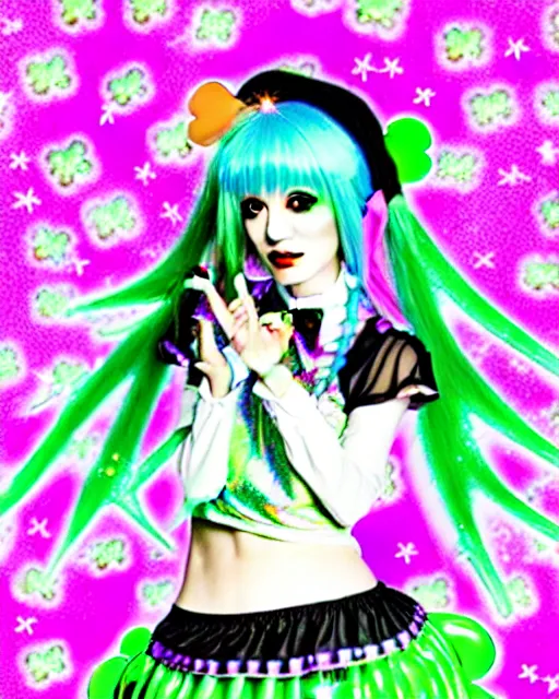 Image similar to a hologram of decora styled green haired yotsuba koiwai wearing stylish gothic lolita clothes, background full of lucky clovers and shinning stars, holography, irridescent, baroque visual kei decora art