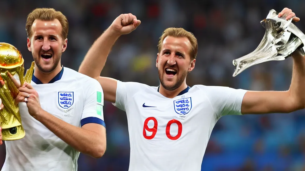 Prompt: Harry Kane wins the World Cup for England and lifts the Jules Rimet trophy. Harry Kane wears a white England football shirt with three lions on the badge