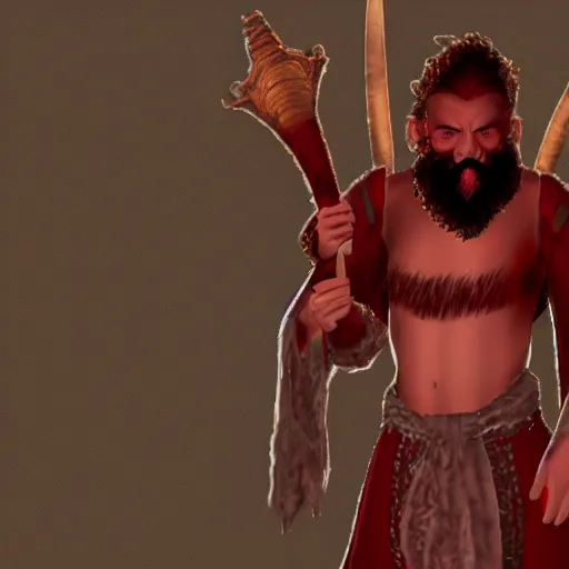 Image similar to dnd render of a man, red, a big black beard, golden eyes, 2 horns protruding out of his forehead which curve back, one is broken at a quarter of the length of the other.