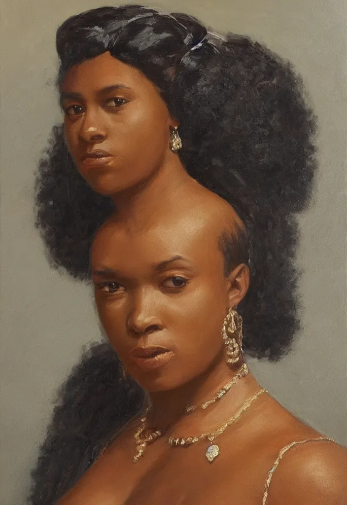 Prompt: a front portrait of a black woman in victorian attire oil on canvas, trending on artstation, digital art.