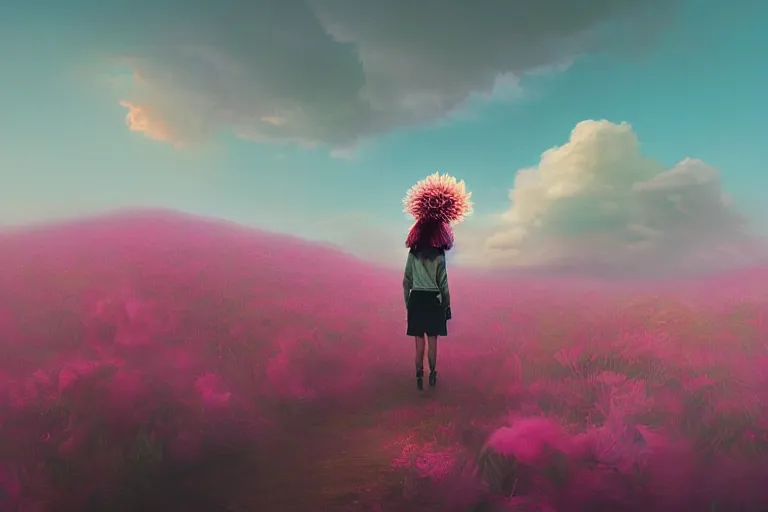 Image similar to giant dahlia flower crown head, woman walking on mountain, surreal photography, pink storm clouds, dramatic light, impressionist painting, digital painting, artstation, simon stalenhag