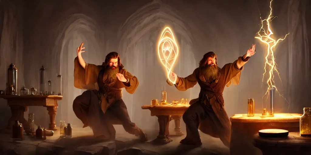 Image similar to a handsome bearded caucasian male sorcerer with brown hair he is casting a spell with flowing energy, he is in a alchemist lab filled with beakers and equipment, neutral pose, epic composition, 4 k, light rays, super coherent, by dave melvin 2. 0 | dan luvisi 1. 0 | greg rutkowski 0. 5