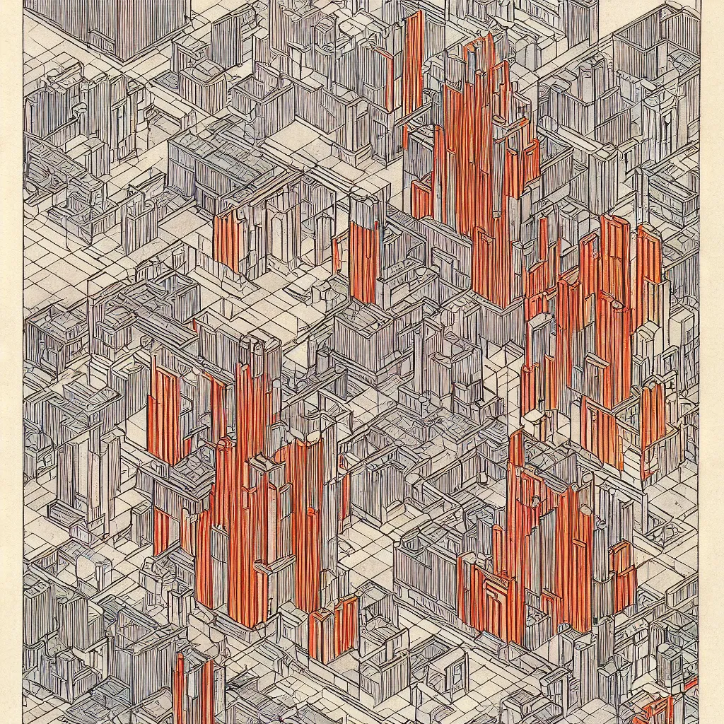 Image similar to isometric artdeco tokyo cathedral by frank lloyd wright, isometric, painted by piet mondrian