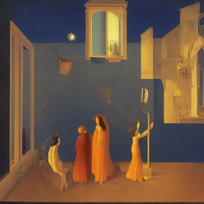 Image similar to obituary for a blue alchemist at dawn. painting by uccello paolo, agnes pelton, paul delvaux