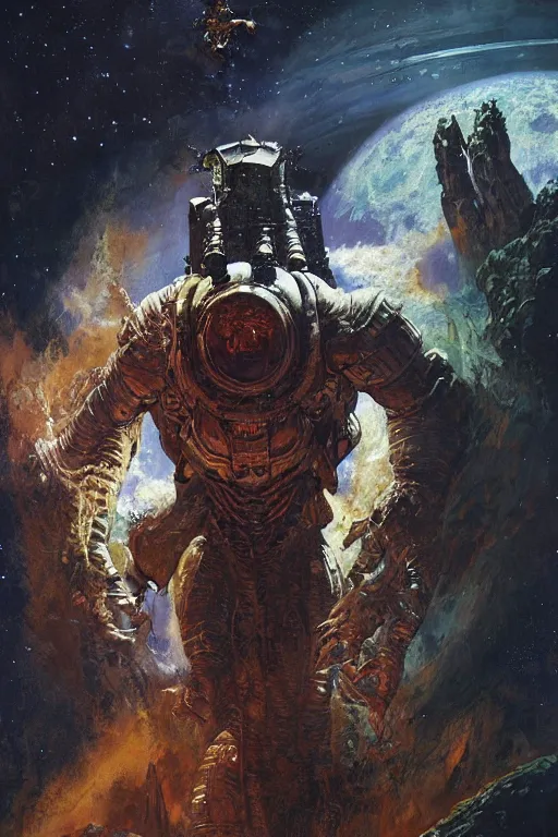 Image similar to pulp scifi fantasy illustration full body portrait of martyn ford as huge monstrous demon smashing spaceship on the moon, by norman rockwell, jack kirby, bergey, craig mullins, ruan jia, jeremy mann, tom lovell, marvel, astounding stories, 5 0 s
