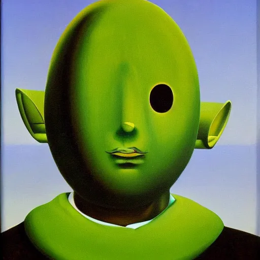 Image similar to a surrealist painting of the green teletubbie, rene magritte