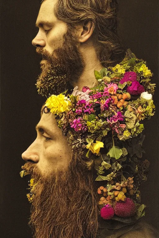 Image similar to a man's face in profile, with a long beard made of flowers and fruit, in the style of the Dutch masters and Gregory crewdson, dark and moody